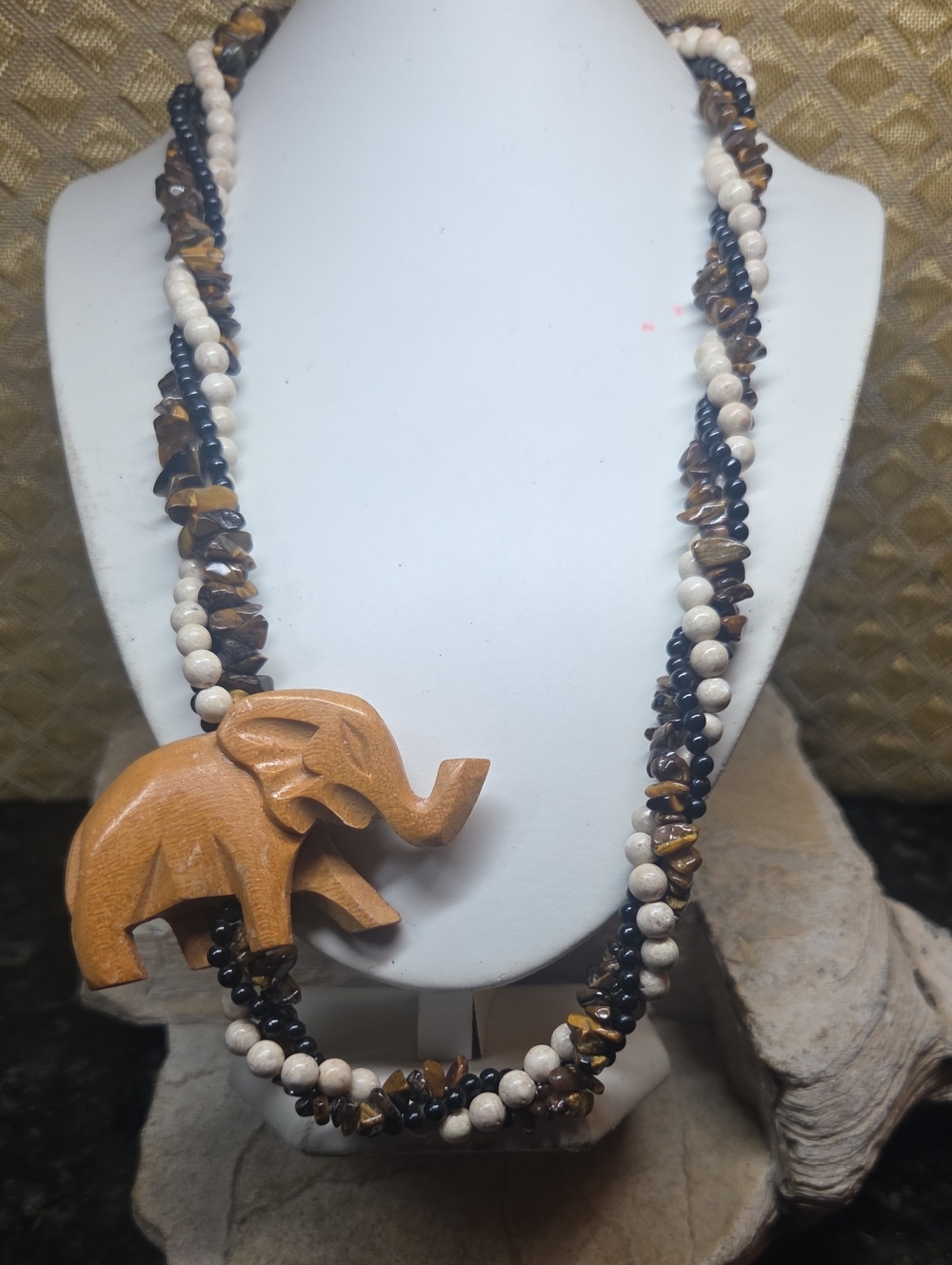 Handcrafted Wooden Elephant Necklace - Tigers Eye Jasper Onyx